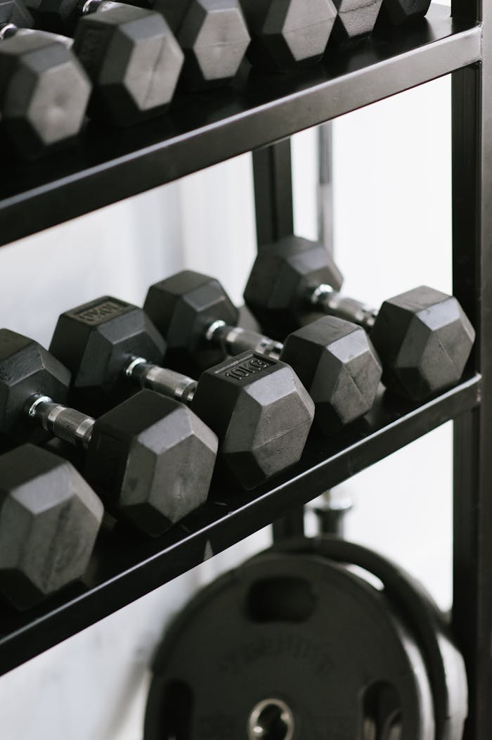 services-02 Black hex dumbbells neatly arranged on gym shelves for strength training. Perfect for fitness enthusiasts.